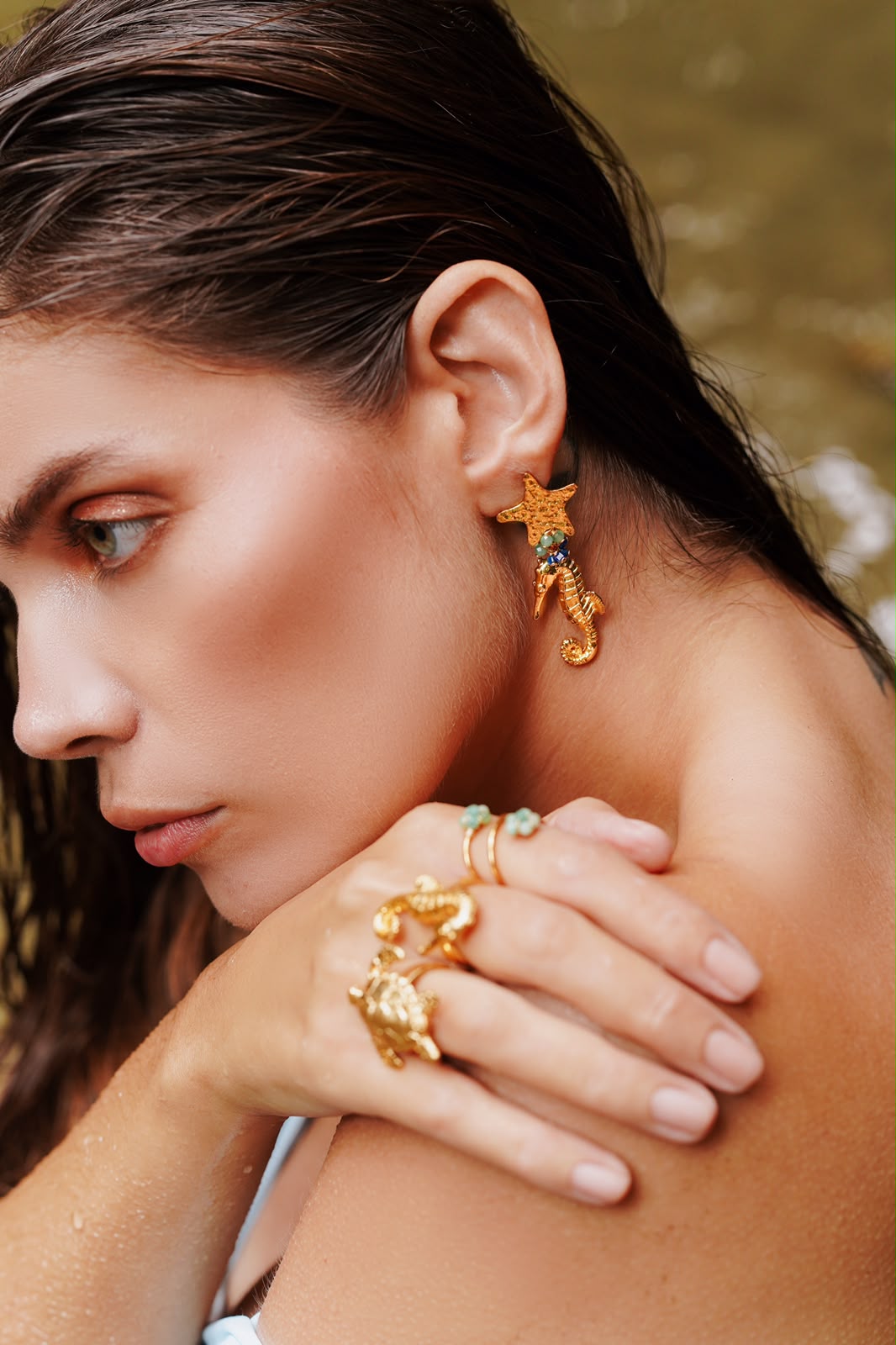 Aretes Alegría Renacer - Estrella de mar y caballito con esmeralda